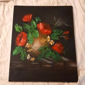 Folk Art painting  Black With Red flowers ,green and gold accent colors